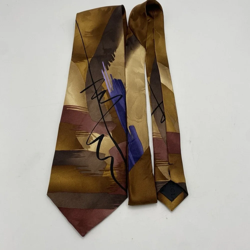 2003 J Garcia‎ Mens Satin 100% Silk Alligator Works Neck Tie Brown Red Gold